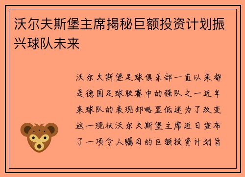 沃尔夫斯堡主席揭秘巨额投资计划振兴球队未来